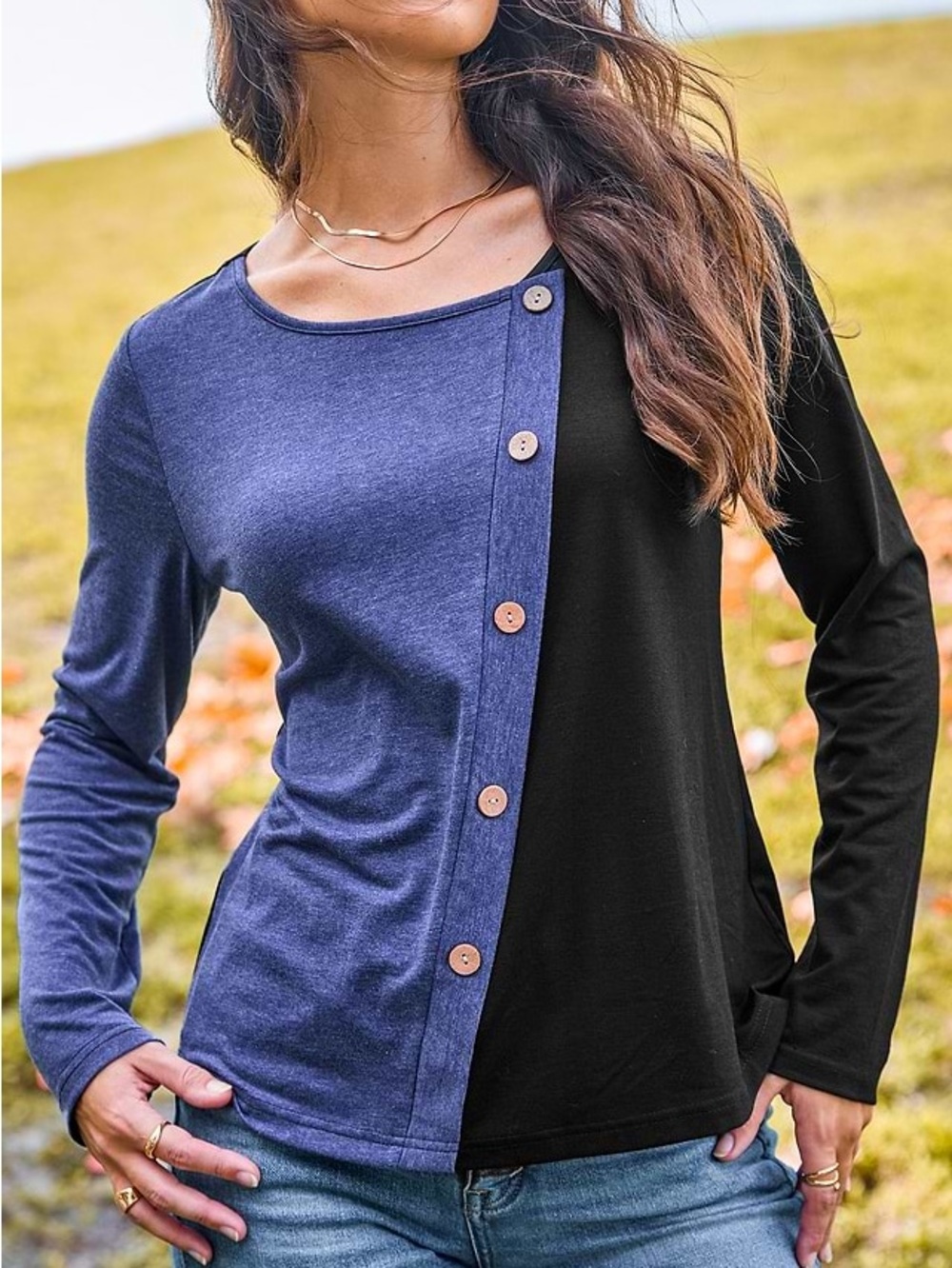 Cupshe Size Medium Blue/Black Colorblock Button Front Long Sleeve Top - NWT